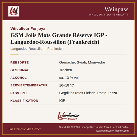 GSM Jolis Mots Grande Réserve Fonjoya IGP – Rotwein – Languedoc-Roussillon, Frankreich – Steckbrief | Weinkontor Bastert