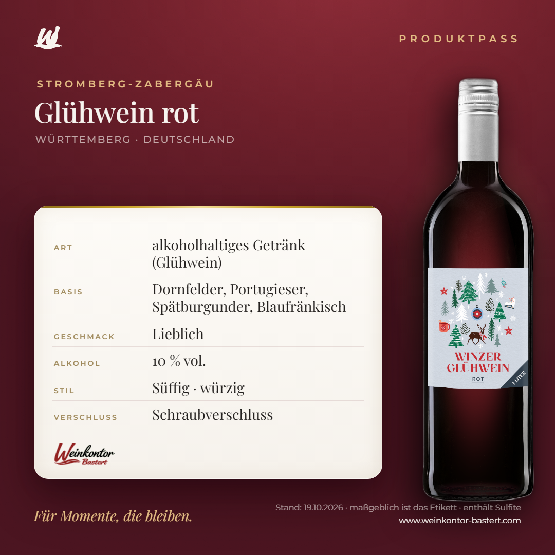 Glühwein rot Stromberg-Zabergäu 1 l – Produktpass | Weinkontor Bastert