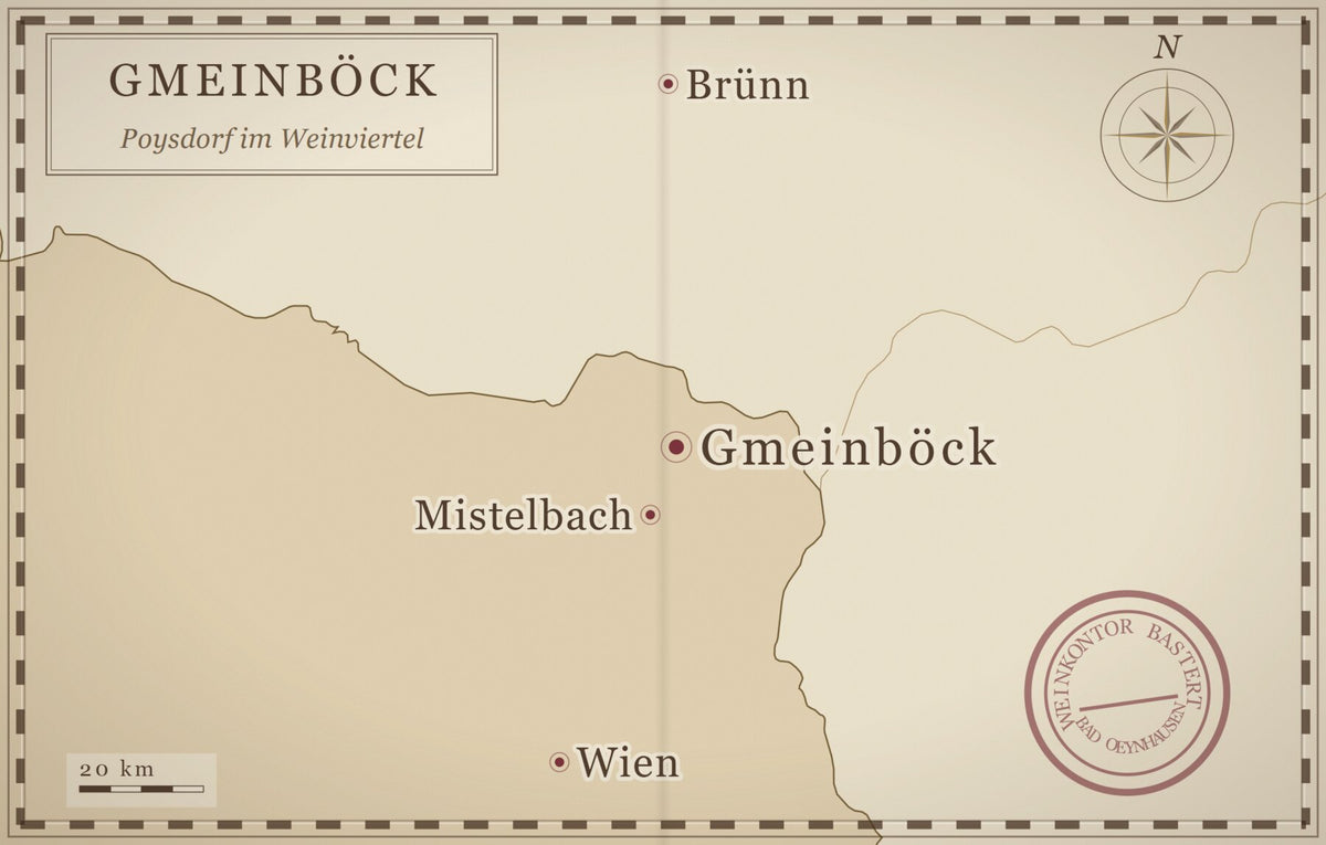 Karte des Weinviertels mit Wien, Mistelbach, Brünn und Poysdorf, wo das Weingut Gmeinböck liegt