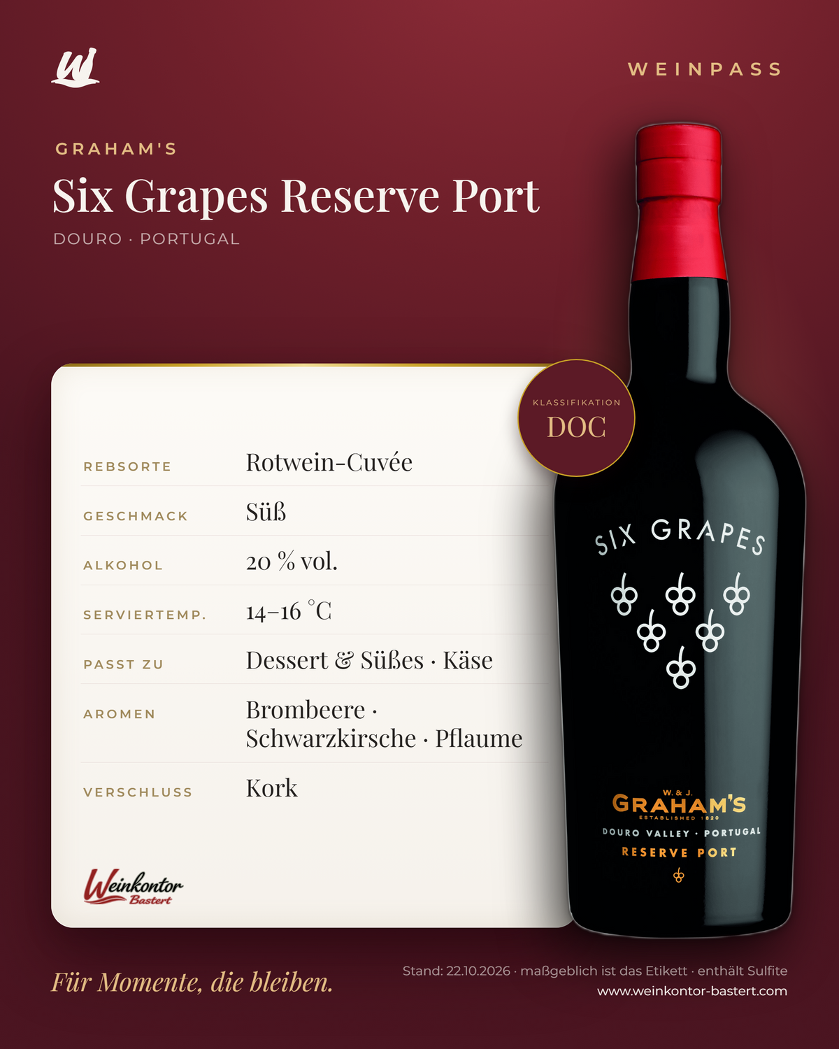 Graham's Six Grapes Reserve Port DOC – Douro – Weinpass | Weinkontor Bastert
