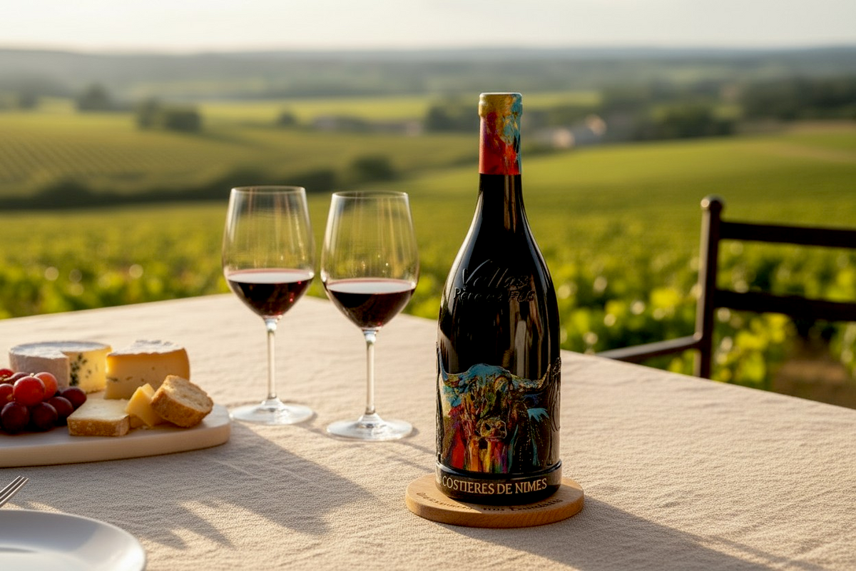 Flasche Grandes Arènes Costières de Nîmes Rouge mit zwei Gläsern Rotwein und Käse auf einem Tisch vor Weinbergen