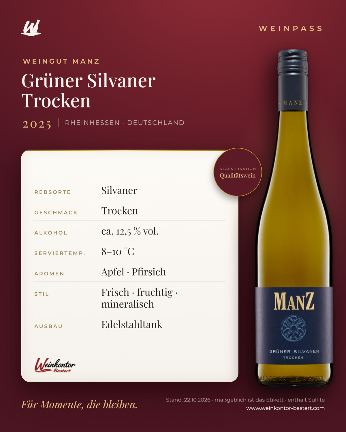 Grüner Silvaner Trocken Manz 6er-Karton – Rheinhessen – Weinpass | Weinkontor Bastert