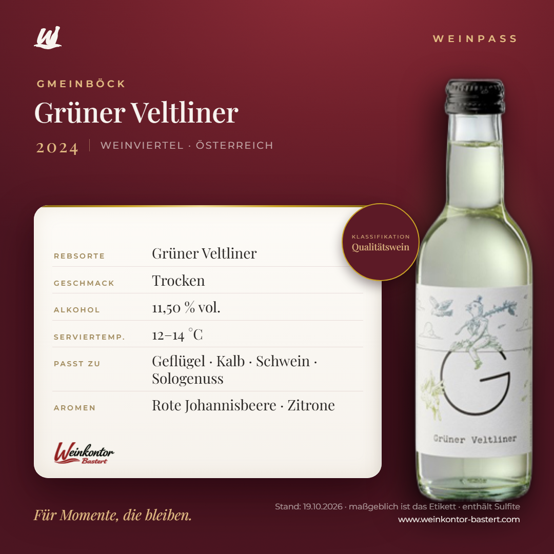 Grüner Veltliner Gmeinböck 0,25L – Weinviertel – Weinpass | Weinkontor Bastert