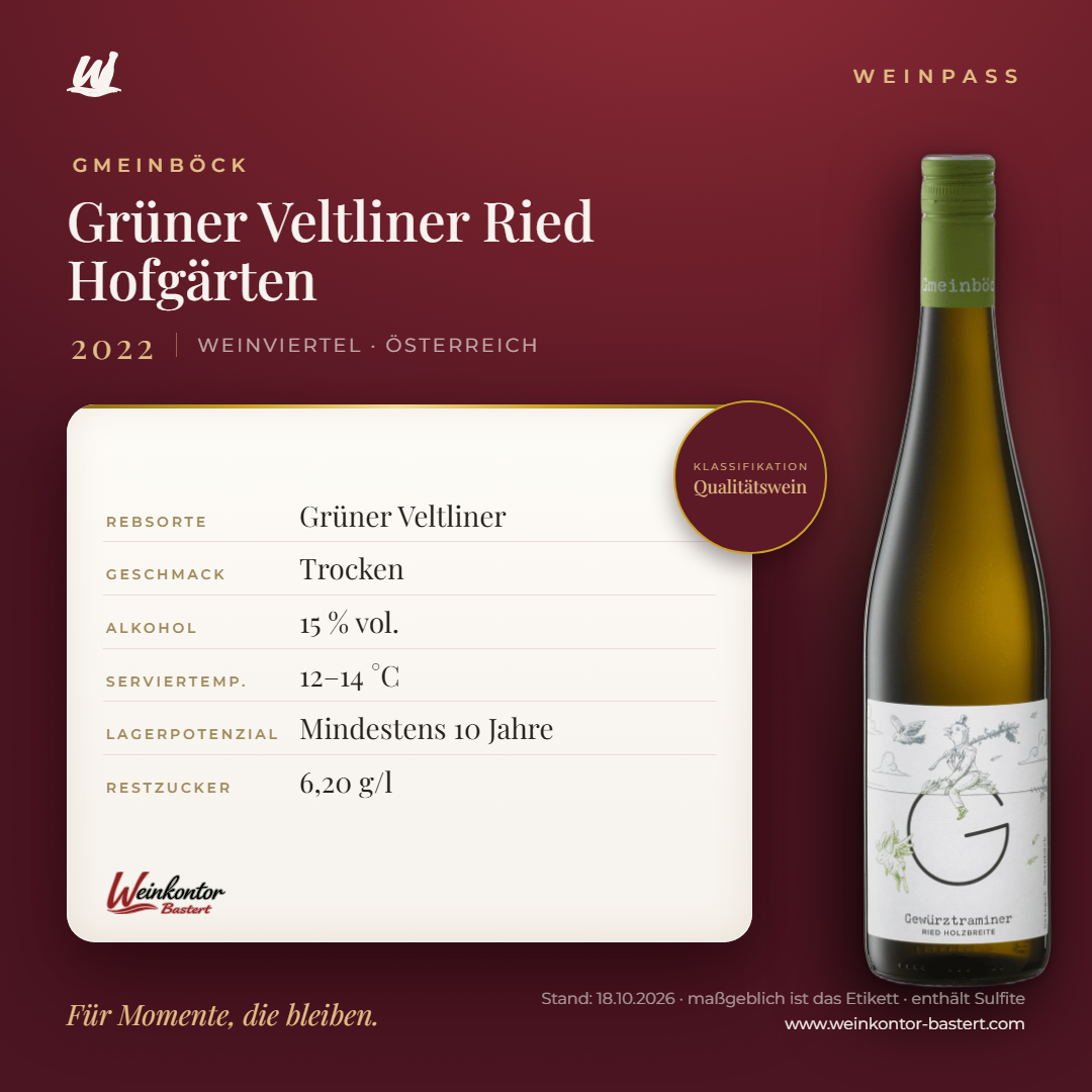 Grüner Veltliner Ried Hofgärten Gmeinböck – Weinviertel – Weinpass | Weinkontor Bastert