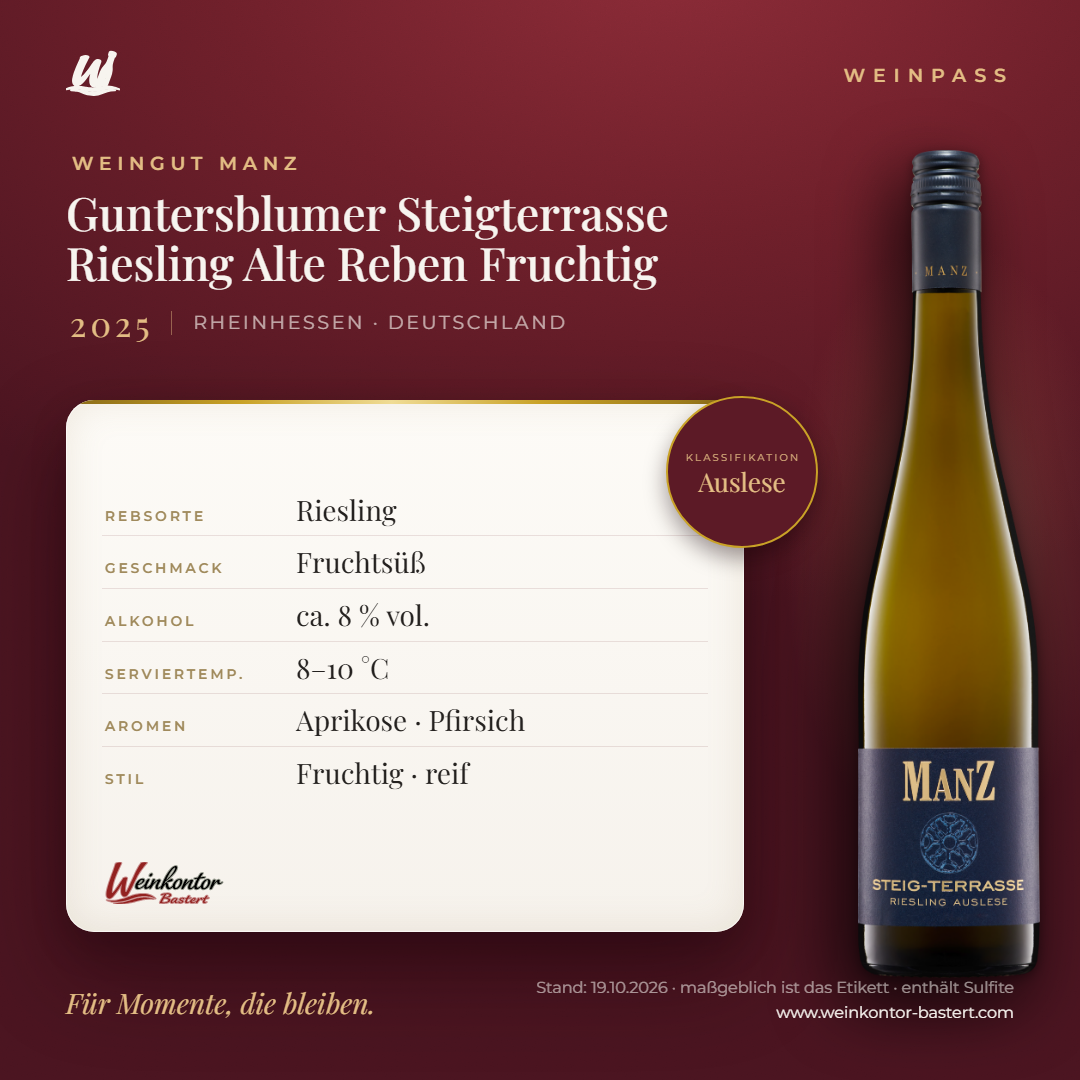Guntersblumer Steigterrasse Riesling Auslese Alte Reben Fruchtig Manz 6er-Karton – Rheinhessen – Weinpass | Weinkontor Bastert