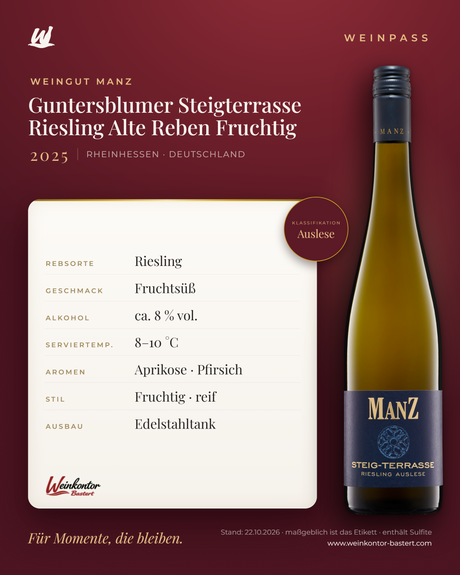 Guntersblumer Steigterrasse Riesling Auslese Alte Reben Fruchtig Manz 6er-Karton – Rheinhessen – Weinpass | Weinkontor Bastert