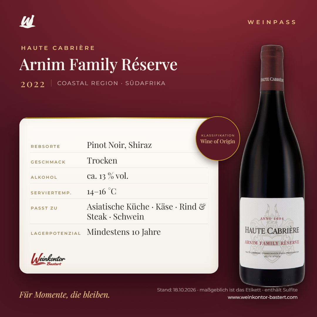 Haute Cabrière Arnim Family Réserve – Coastal Region – Weinpass | Weinkontor Bastert