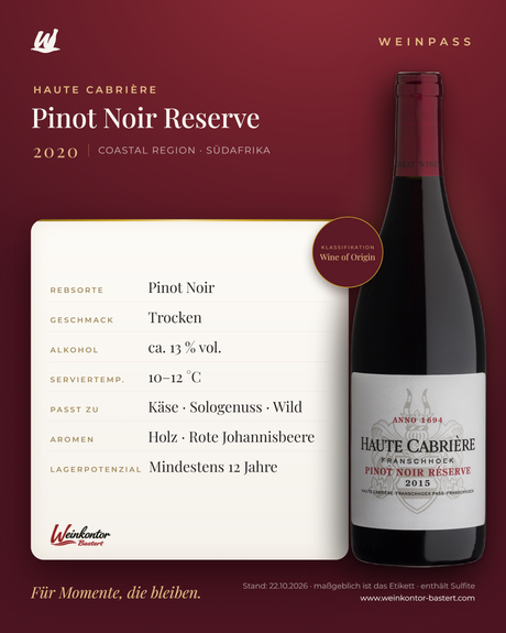 Haute Cabrière Pinot Noir Reserve – Coastal Region – Weinpass | Weinkontor Bastert