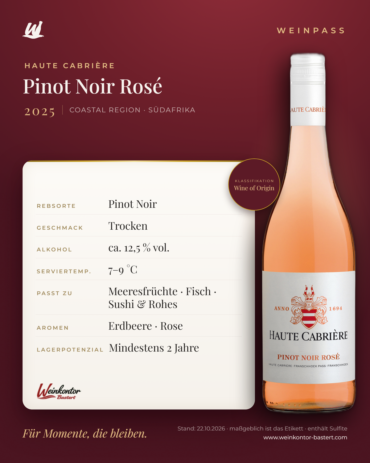 Haute Cabrière Pinot Noir Rosé – Coastal Region – Weinpass | Weinkontor Bastert