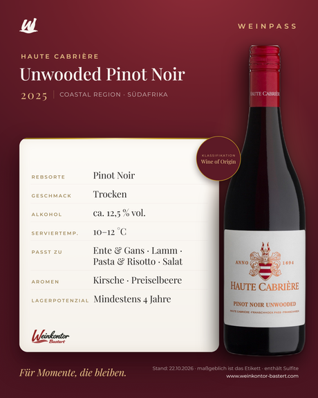 Haute Cabrière Unwooded Pinot Noir – Coastal Region – Weinpass | Weinkontor Bastert
