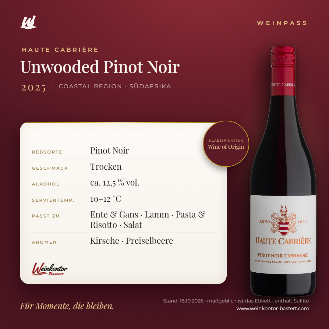 Haute Cabrière Unwooded Pinot Noir – Coastal Region – Weinpass | Weinkontor Bastert