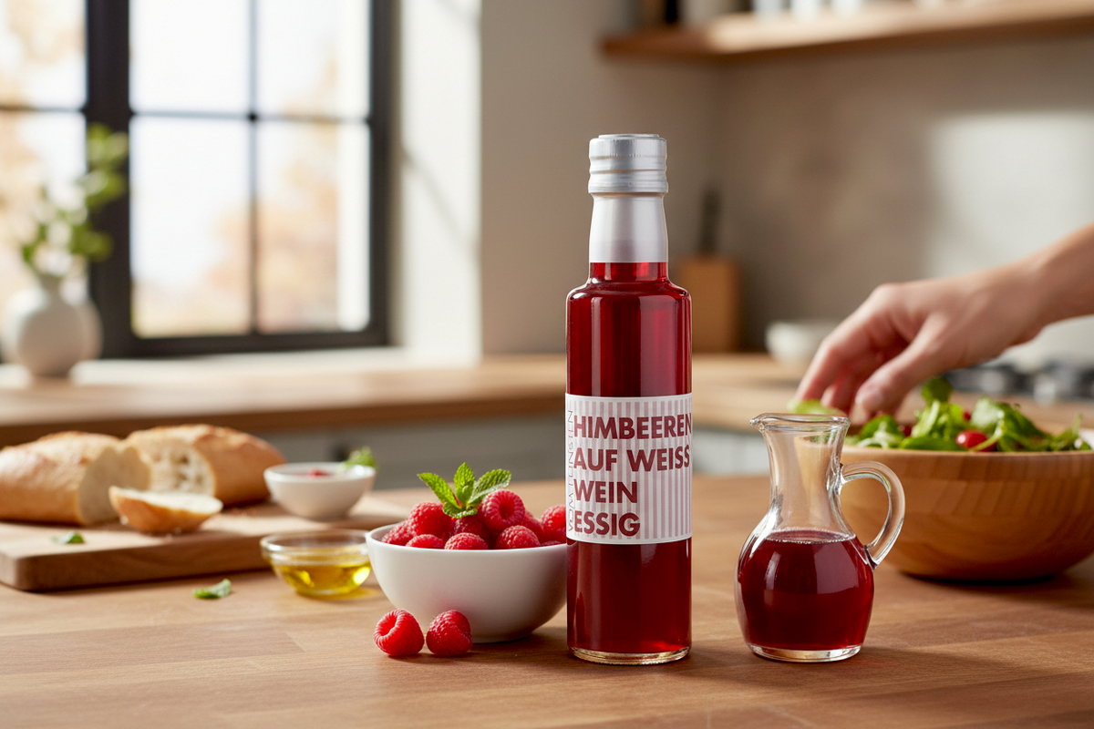 Flasche Himbeeren auf Weißweinessig mit Himbeeren, Brot und Salatschüssel auf einer Küchenarbeitsplatte