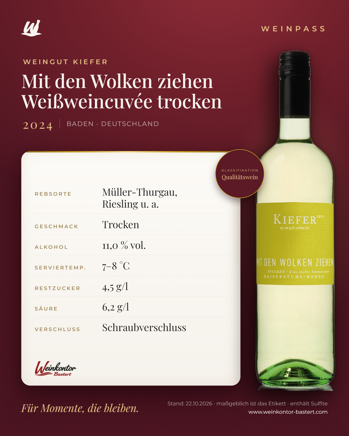 KIEFER Mit den Wolken ziehen Weißweincuvée trocken – Baden – Weinpass | Weinkontor Bastert