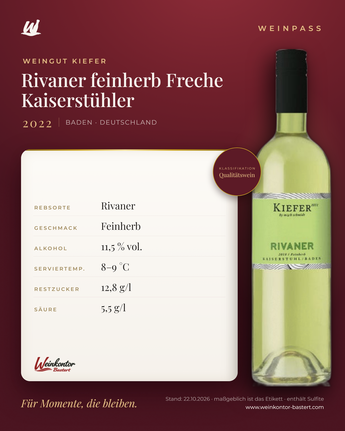 KIEFER Rivaner feinherb Freche Kaiserstühler – Baden – Weinpass | Weinkontor Bastert