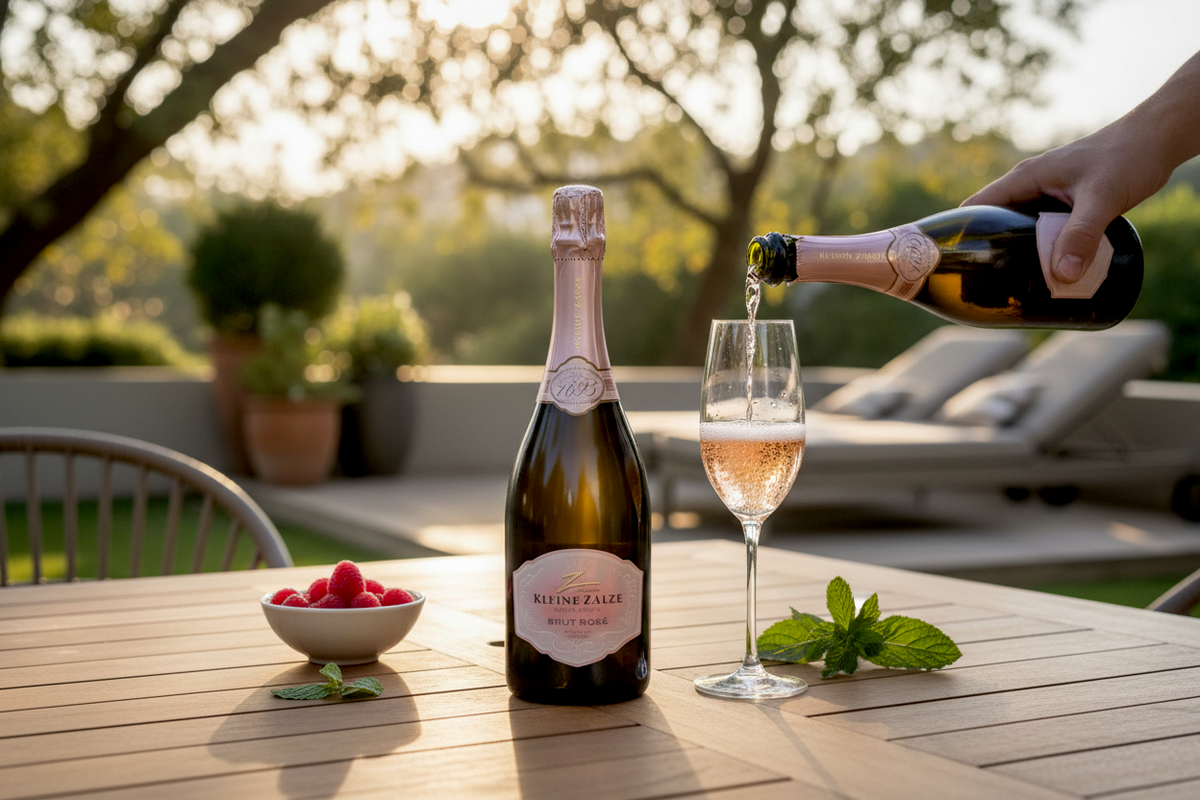 Kleine Zalze Brut Rosé MCC wird auf einer Gartenterrasse in ein Sektglas eingeschenkt