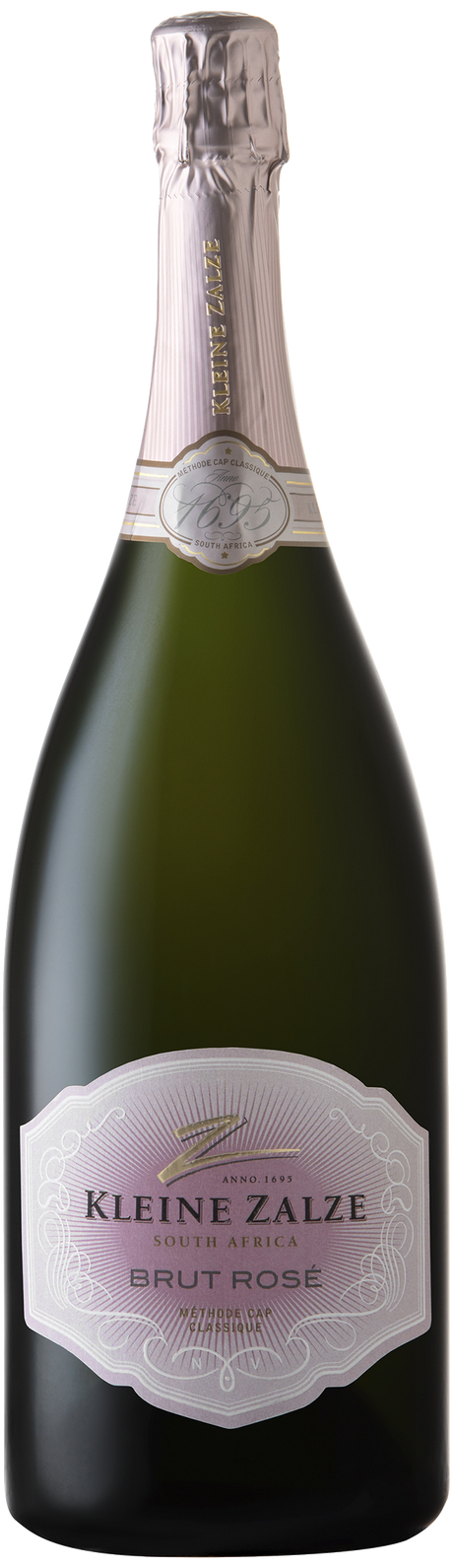 1,5L Flasche Kleine Zalze Brut Rosé MCC Sekt in zartem Silberrosa.