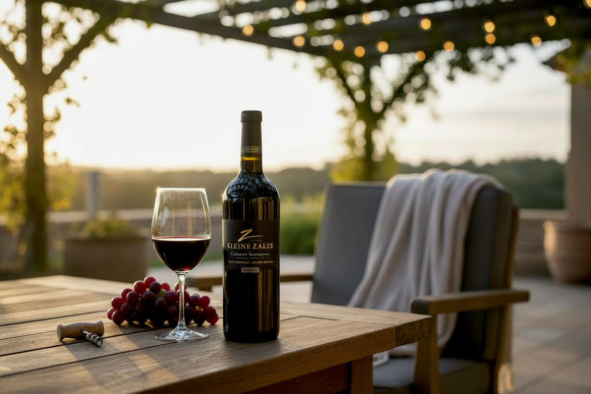 Flasche Kleine Zalze Vineyard Selection Cabernet Sauvignon mit einem Glas Rotwein auf einer Terrasse unter Weinlaub