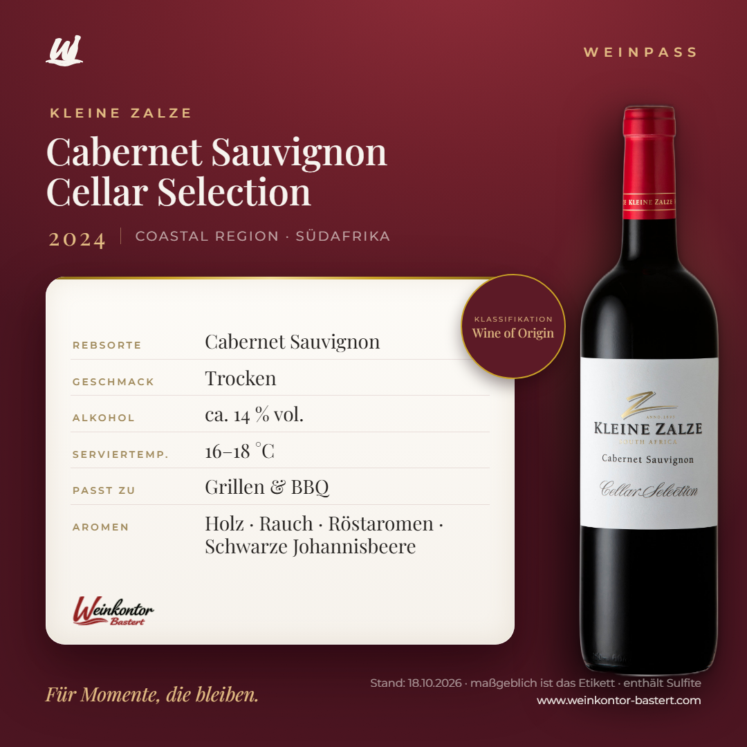 Cabernet Sauvignon Cellar Selection Kleine Zalze – Coastal Region – Weinpass | Weinkontor Bastert