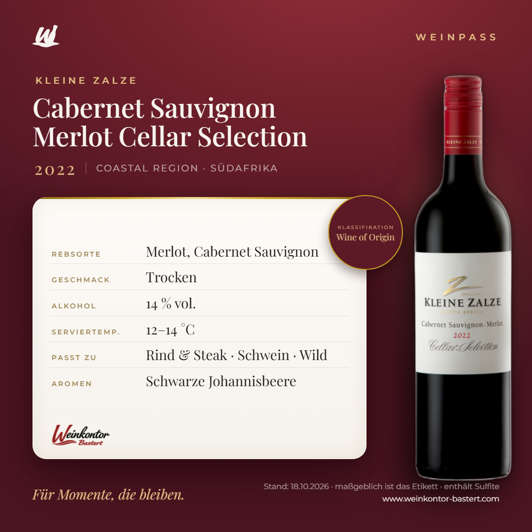 Cabernet Sauvignon Merlot Cellar Selection Kleine Zalze – Coastal Region – Weinpass | Weinkontor Bastert