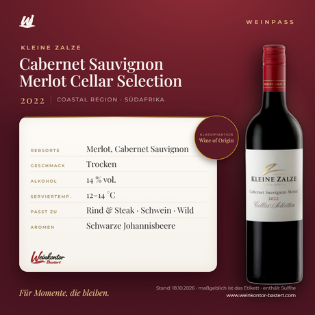 Cabernet Sauvignon Merlot Cellar Selection Kleine Zalze – Coastal Region – Weinpass | Weinkontor Bastert