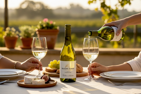 Kleine Zalze Cellar Selection Chardonnay Unwooded wird auf einer Terrasse mit Käse und Trauben eingeschenkt