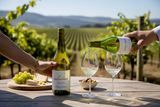 Kleine Zalze Cellar Selection Chenin Blanc wird an einem Tisch im Weinberg eingeschenkt