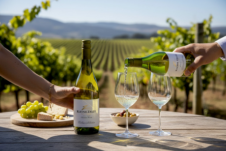 Kleine Zalze Cellar Selection Chenin Blanc wird an einem Tisch im Weinberg eingeschenkt