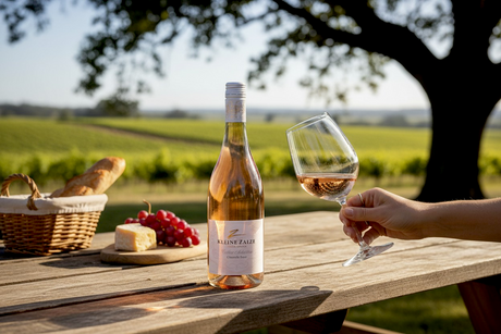 Flasche Kleine Zalze Cellar Selection Cinsault Rosé mit einem Glas und Picknickkorb auf einem Tisch vor Weinbergen