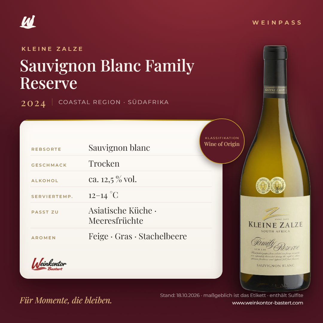 Sauvignon Blanc Family Reserve Kleine Zalze – Coastal Region – Weinpass | Weinkontor Bastert