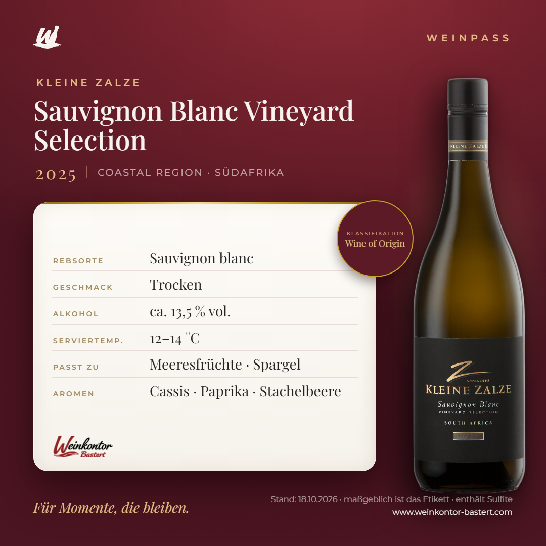Sauvignon Blanc Vineyard Selection Kleine Zalze – Coastal Region – Weinpass | Weinkontor Bastert
