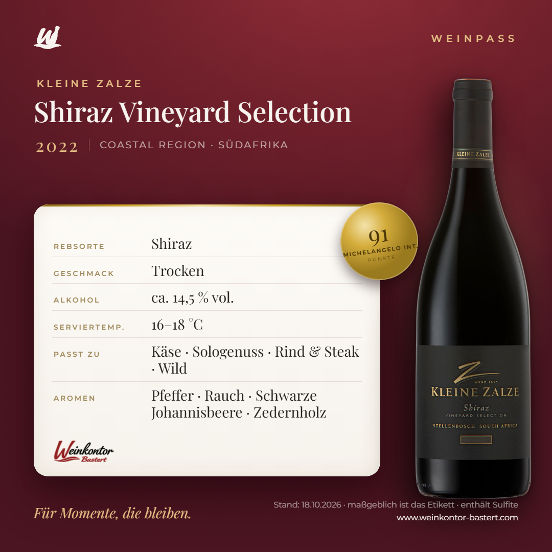 Shiraz Vineyard Selection Kleine Zalze – Coastal Region – Weinpass | Weinkontor Bastert
