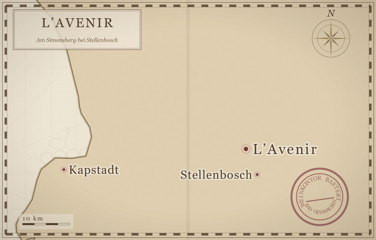 Karte des Westkaps mit Kapstadt, Stellenbosch und L’Avenir, wo das Weingut L’Avenir liegt
