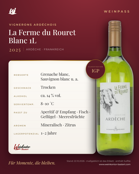 La Ferme du Rouret Blanc Vignerons Ardéchois IGP 1L – Ardèche – Weinpass | Weinkontor Bastert