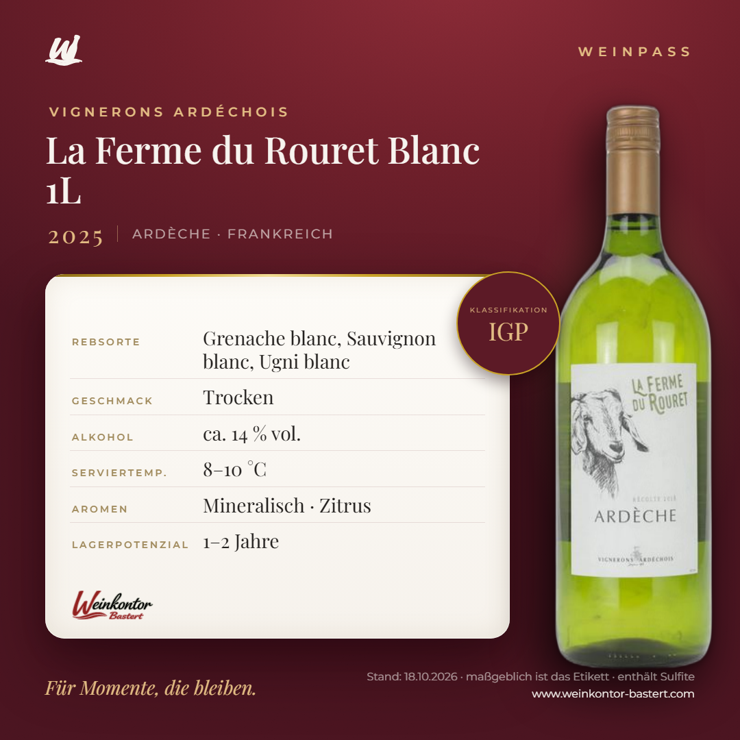 La Ferme du Rouret Blanc Vignerons Ardéchois IGP 1L – Ardèche – Weinpass | Weinkontor Bastert