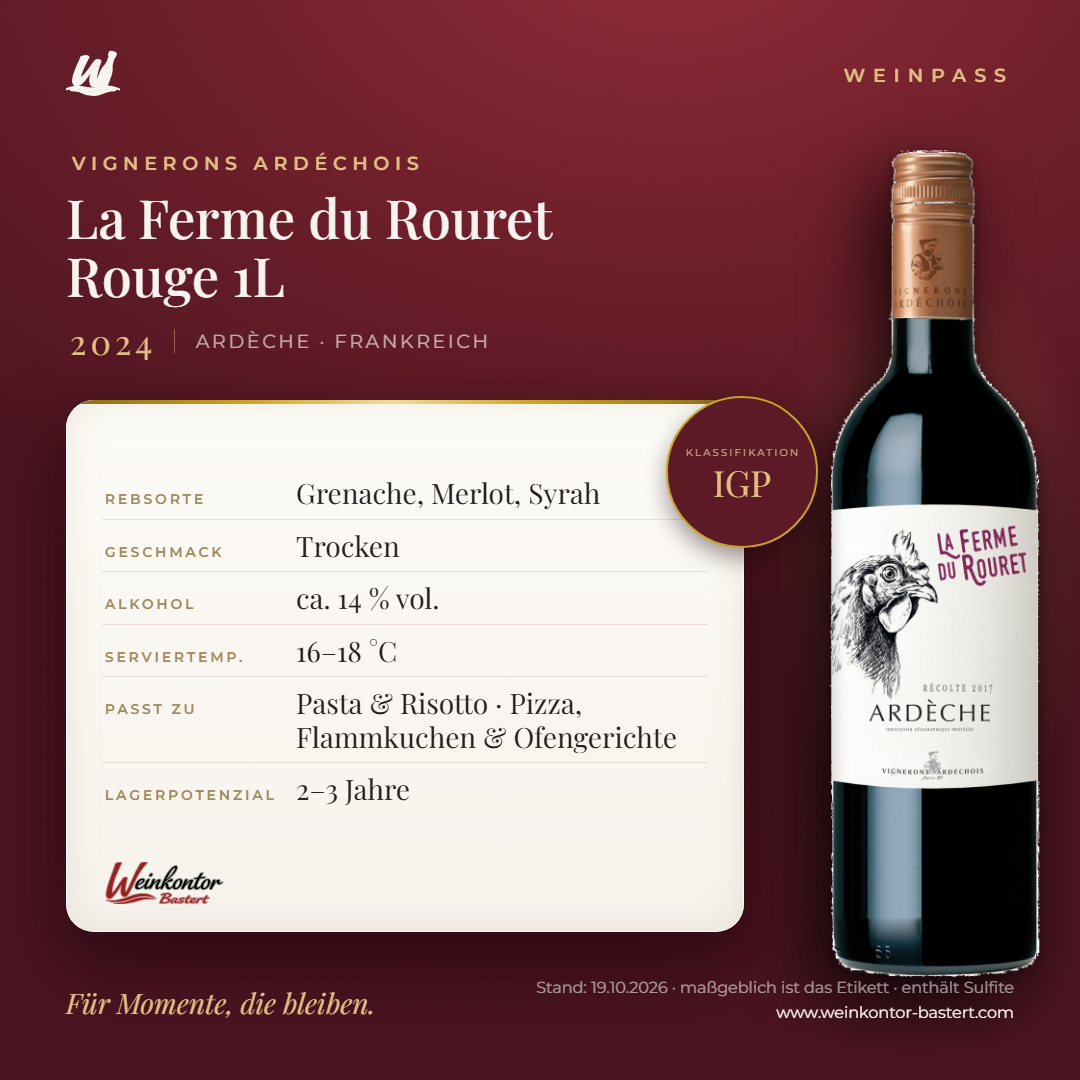 La Ferme du Rouret Rouge Vignerons Ardéchois IGP 1L – Ardèche – Weinpass | Weinkontor Bastert