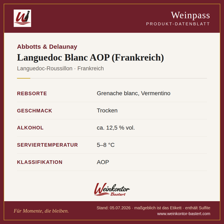 Languedoc Blanc AOP Abbotts & Delaunay – Weißwein – Languedoc, Frankreich – Steckbrief | Weinkontor Bastert
