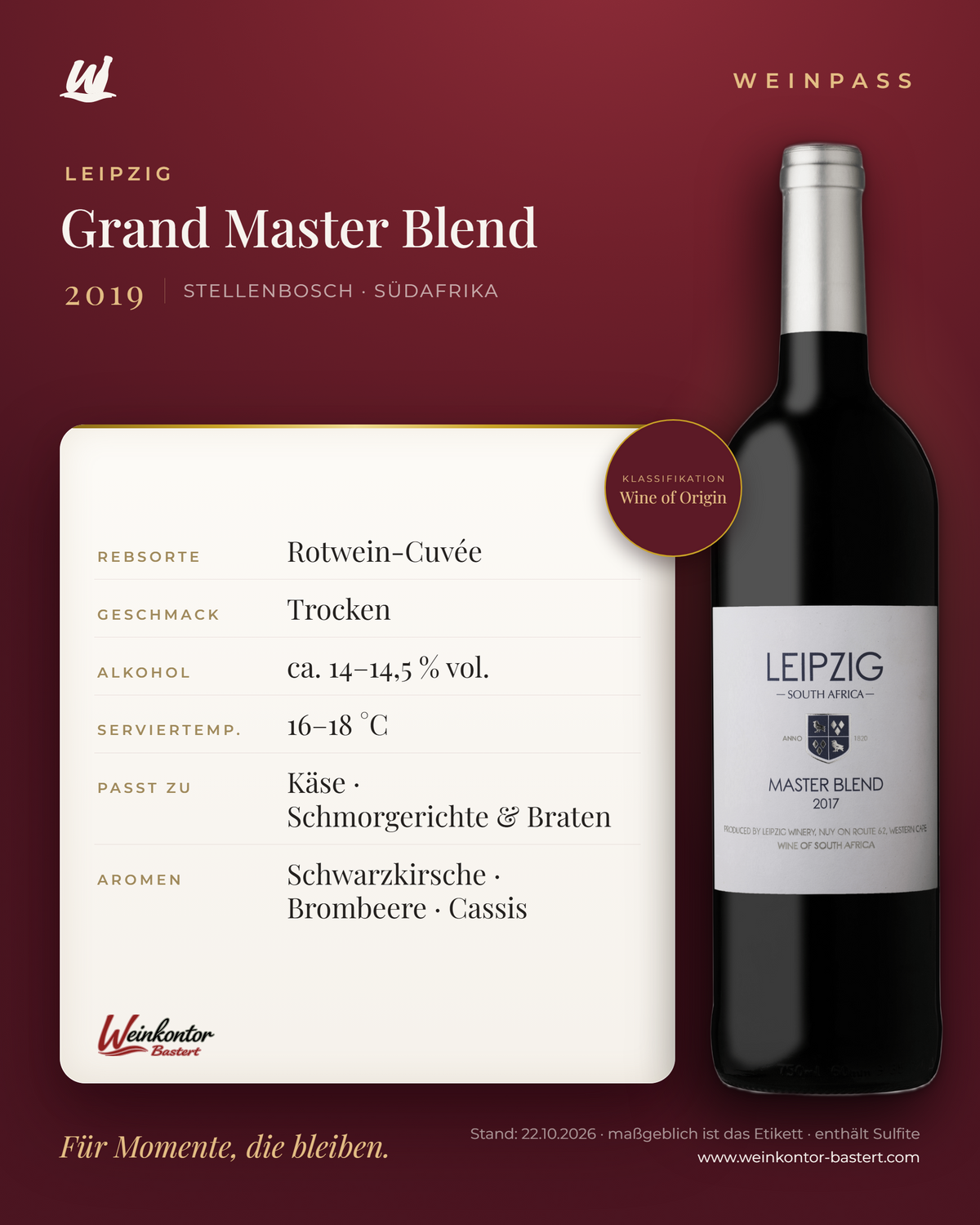 Leipzig Grand Master Blend – Stellenbosch – Weinpass | Weinkontor Bastert