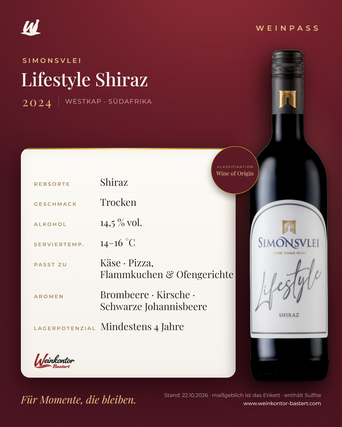 Lifestyle Shiraz Simonsvlei – Westkap – Weinpass | Weinkontor Bastert
