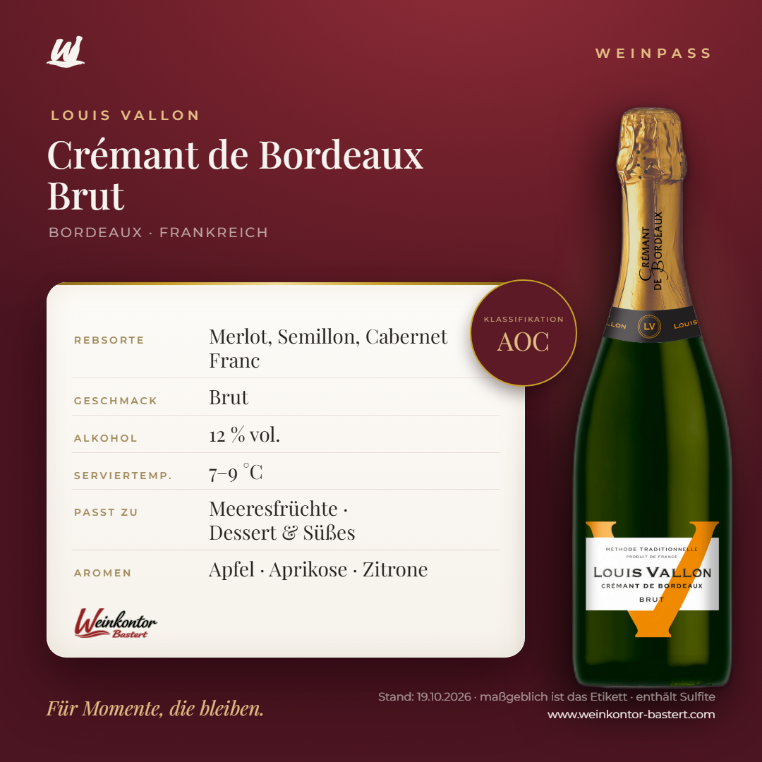 Louis Vallon Crémant de Bordeaux Brut AOC – Weinpass | Weinkontor Bastert