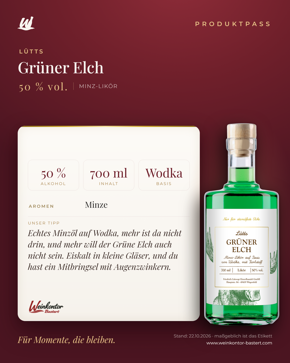 Lütts Grüner Elch – Minz-Likör auf Basis von Wodka, 50 % vol. – Produktpass | Weinkontor Bastert