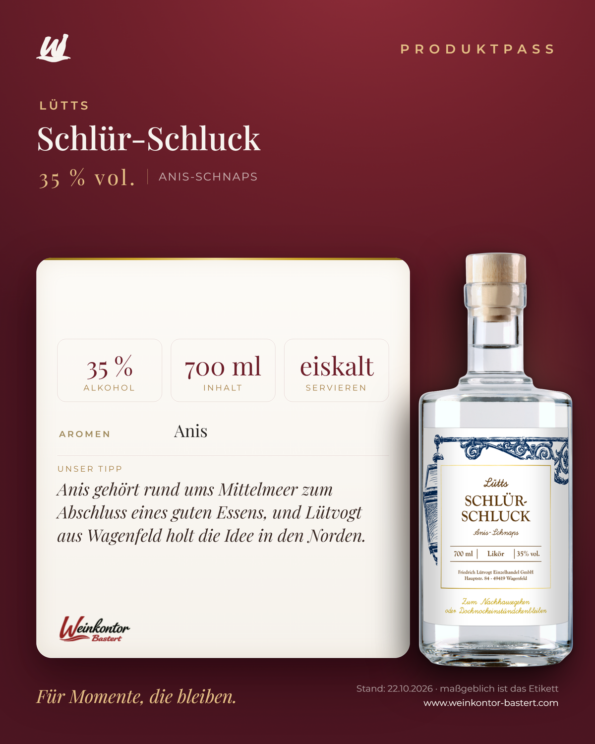 Lütts Schlür-Schluck – Anis-Schnaps, 35 % vol. – Produktpass | Weinkontor Bastert