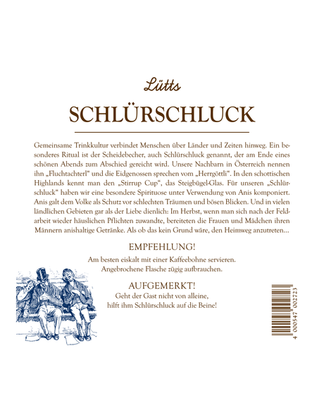 Rückenetikett Lütts Schlür-Schluck mit der Geschichte zum Namen