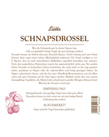 Rückenetikett Lütts Schnapsdrossel mit der Geschichte zum Namen