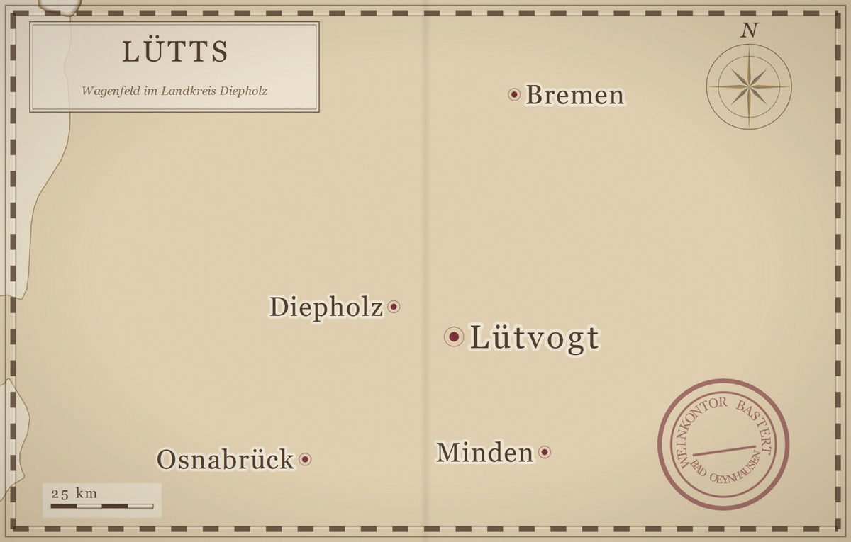Karte von Niedersachsen und Westfalen mit Bremen, Osnabrück, Minden, Diepholz und Wagenfeld, wo das Familienunternehmen Friedrich Lütvogt mit seiner Marke Lütts sitzt