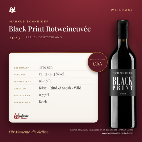 Black Print Rotweincuvée Markus Schneider QbA – Pfalz – Weinpass | Weinkontor Bastert