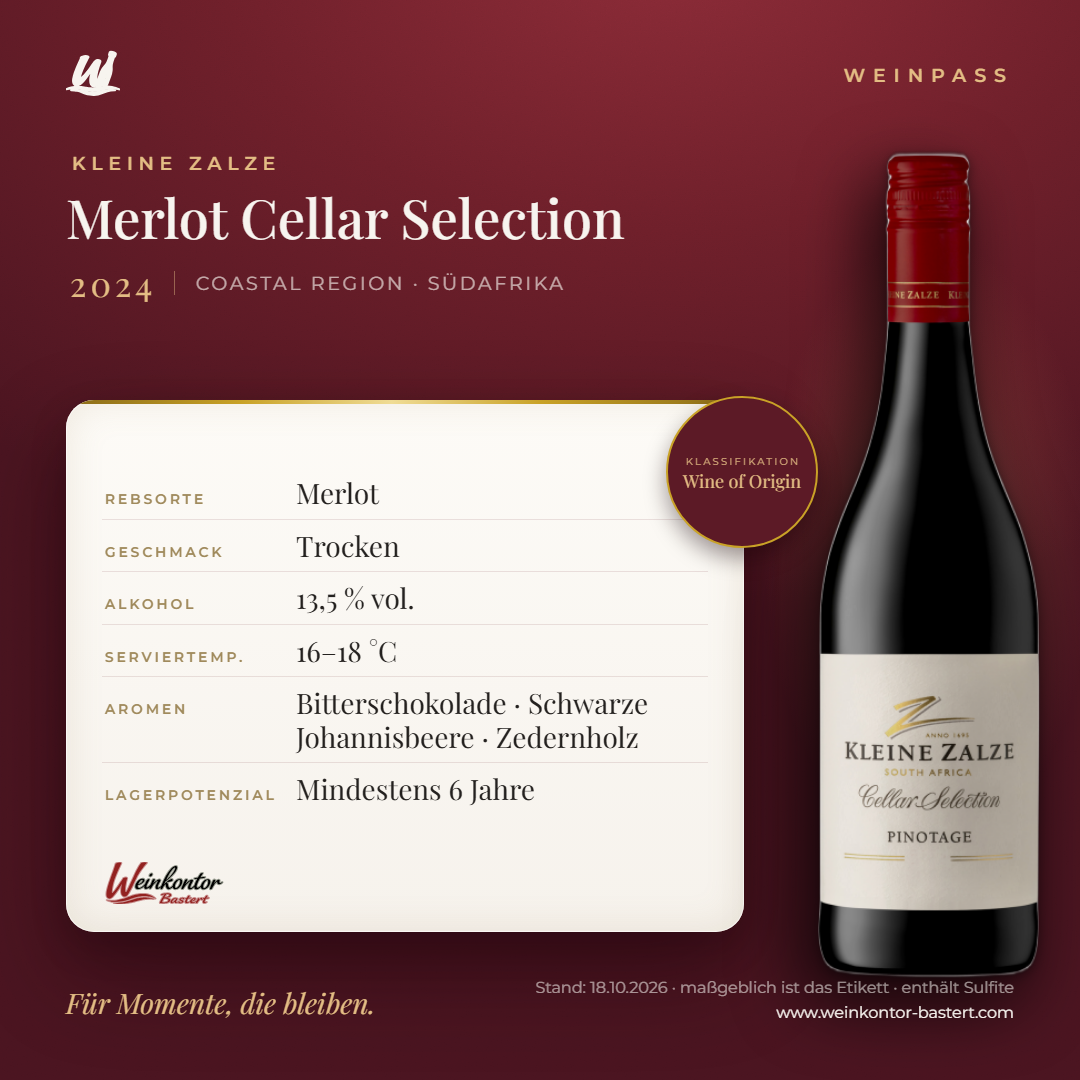 Merlot Cellar Selection Kleine Zalze – Coastal Region – Weinpass | Weinkontor Bastert