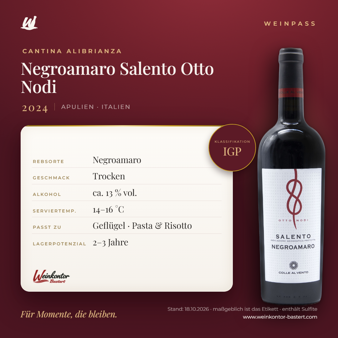 Negroamaro Salento Otto Nodi Cantine Alibrianza IGP – Apulien – Weinpass | Weinkontor Bastert