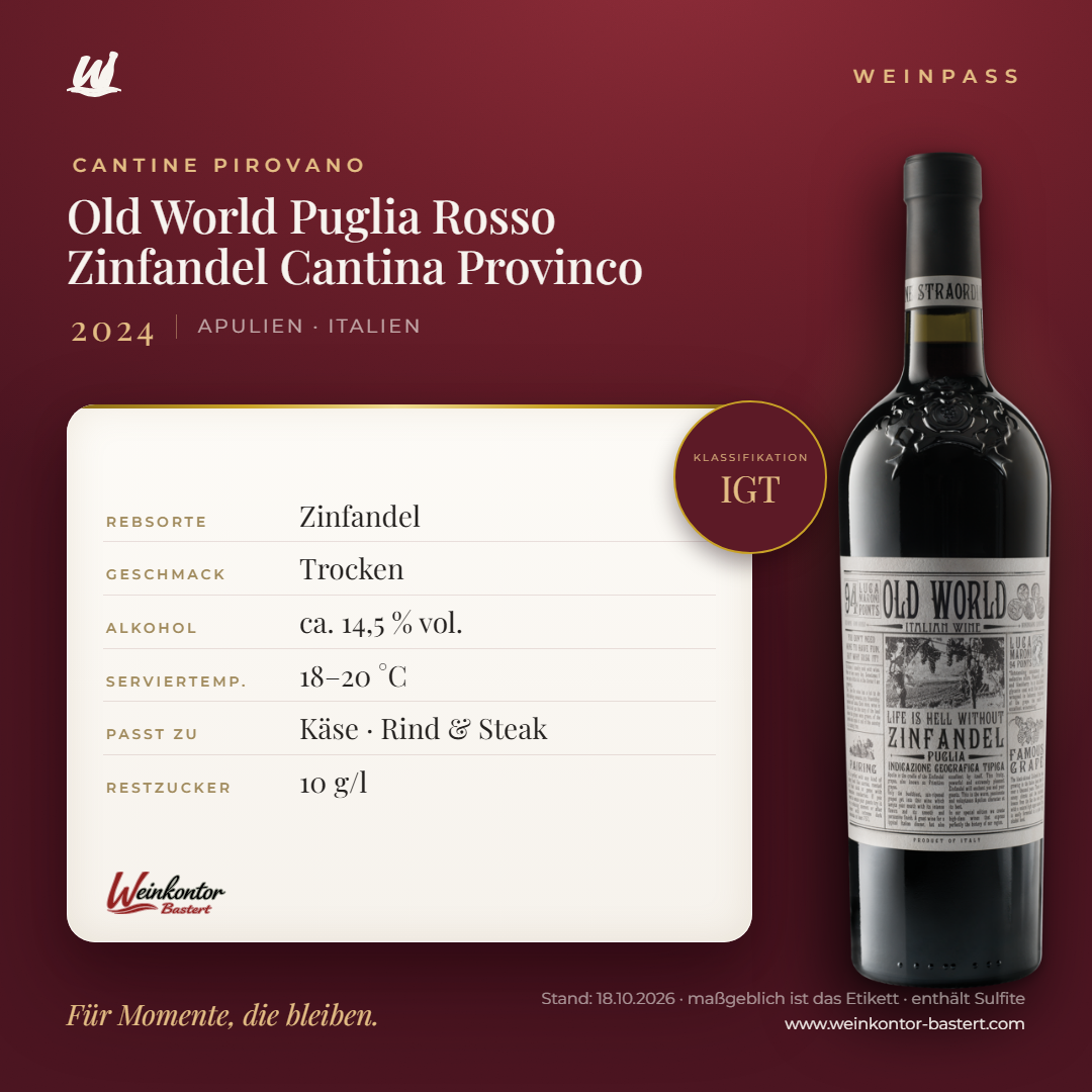 Old World Puglia Rosso Zinfandel Cantina Provinco IGT – Apulien – Weinpass | Weinkontor Bastert