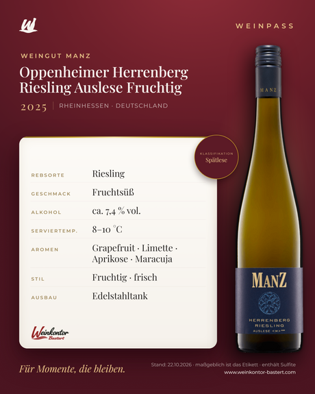 Oppenheimer Herrenberg Riesling Auslese Fruchtig Manz 6er-Karton – Rheinhessen – Weinpass | Weinkontor Bastert