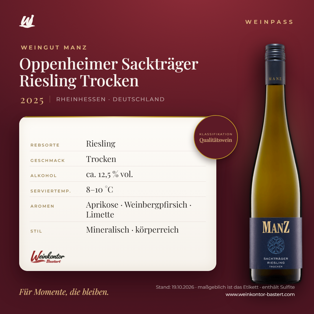 Oppenheimer Sackträger Riesling Trocken Manz 6er-Karton – Rheinhessen – Weinpass | Weinkontor Bastert